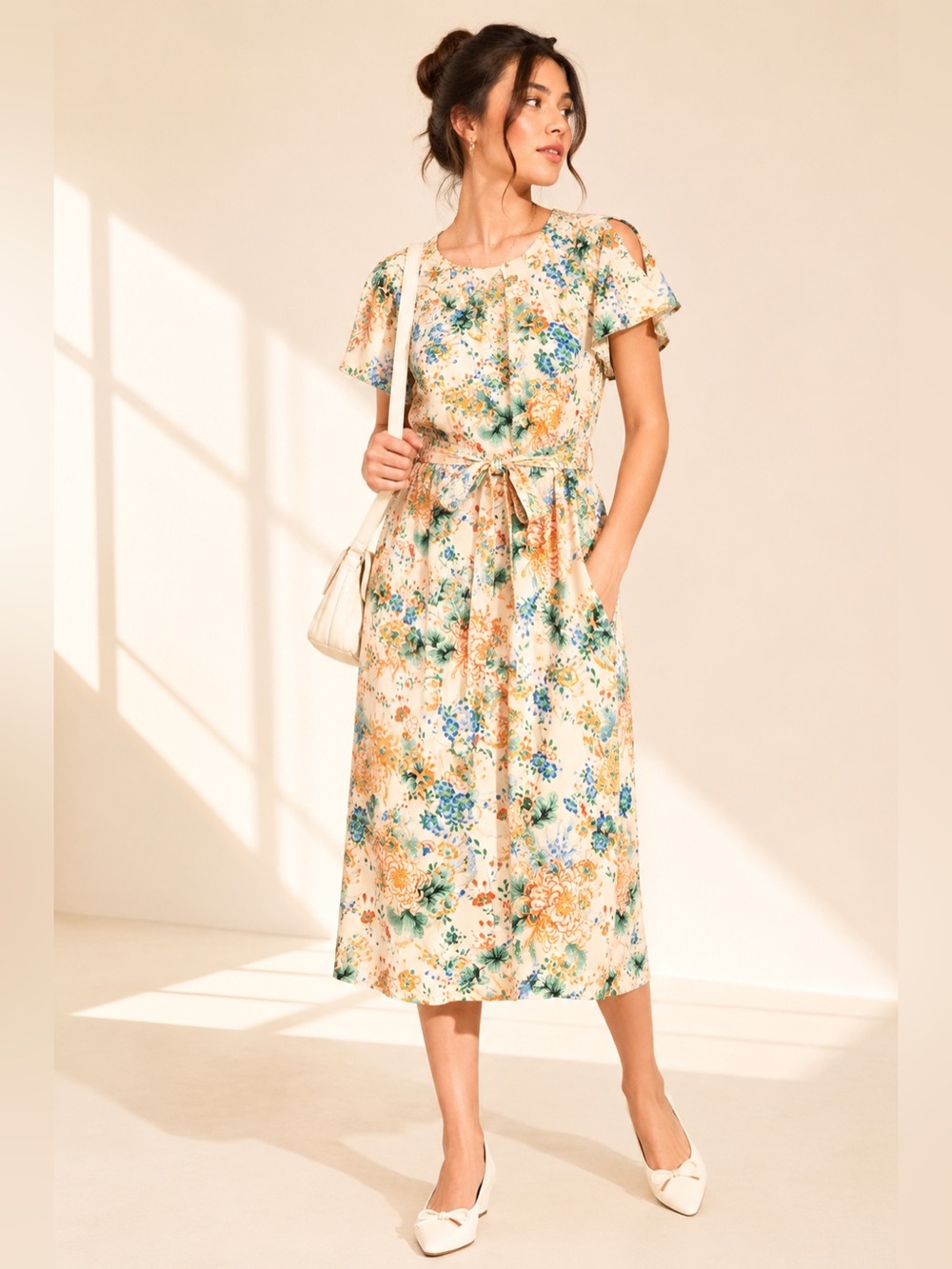 ASOS Romantic Floral Midi Nap Dress Pocket Tie Waist Cottagecore Sz L